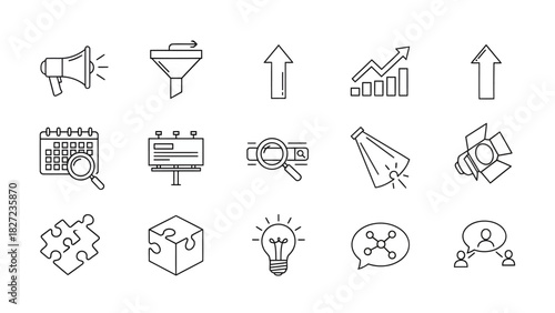 A versatile set of thin line icons representing key concepts in business, marketing, and digital advertising strategy