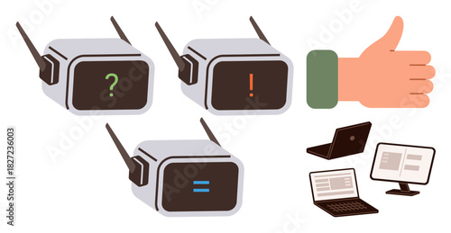 Chatbots display various statuses question, alert, resolution alongside a hand showing approval and digital devices. Ideal for technology, AI, innovation, communication, customer support, teamwork