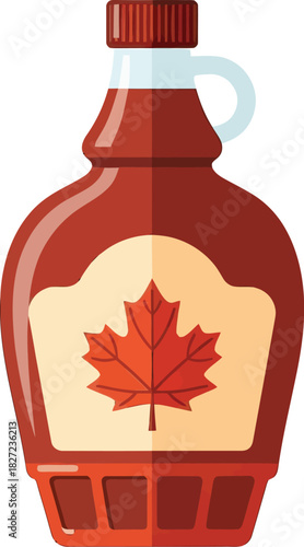 A classic glass bottle of rich amber maple syrup with a prominent red maple leaf emblem on its label, symbolizing Canadian heritage and natural sweetness.