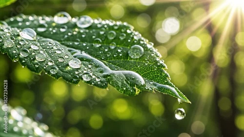 Closeup of green leaf with glistening water droplets and sun rays