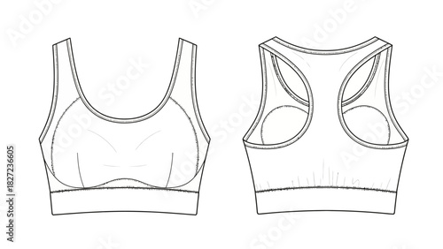 Fashion illustration of a women's sports bra with racerback design, front and back views
