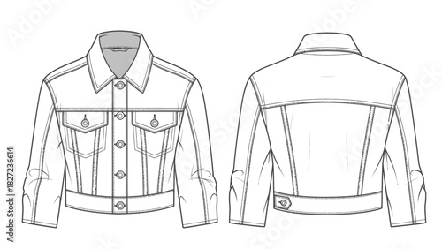 Fashion illustration of a stylish denim jacket, front and back view, classic design