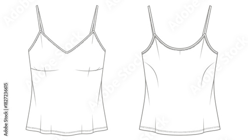Line art drawing of a women's camisole top, front and back view for fashion design
