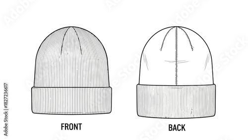 Front and back view of a simple knitted beanie hat, clean line drawing illustration