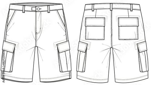 Fashionable Cargo Shorts Front and Back View Fashion Design Sketch