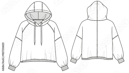 Fashion sketch of a cropped hooded sweatshirt with raglan sleeves and drawstring