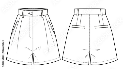 Fashion flat sketch of women's shorts, front and back view