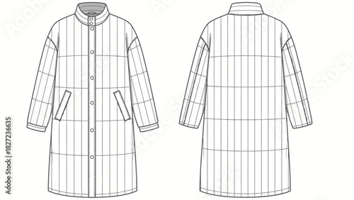 Detailed technical illustration of a long quilted jacket viewed from front and back