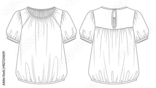 Fashion illustration of a stylish peasant blouse with gathered neckline and puffed sleeves, front and back views