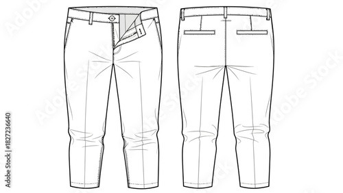Front and back view of tailored trousers, showcasing a clean and modern design