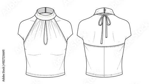 Fashionable high neck cutout cap sleeve top with tie back detail illustration