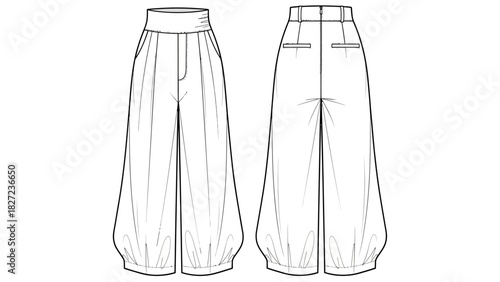 Fashion design illustration of a pair of high-waisted, gathered-hem pants, front and back view