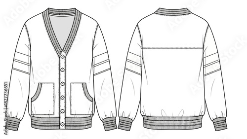 Fashion illustration of a classic varsity jacket with ribbed cuffs and pockets