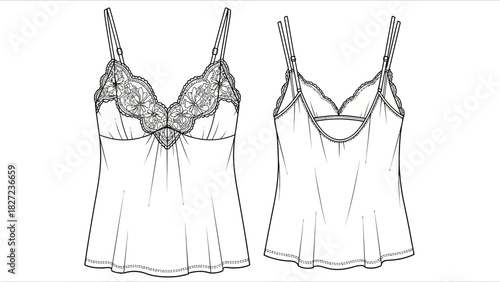 Lingerie fashion flat sketch of a women's camisole with lace detail front and back view