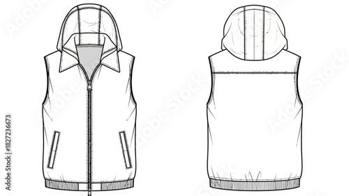 Sleeveless hooded jacket front and back view illustration