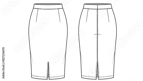 Flat fashion sketch of a classic pencil skirt with waistband and back vent, front and back views