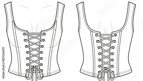 Fashion illustration of a corset with laces, front and back views, fashion design