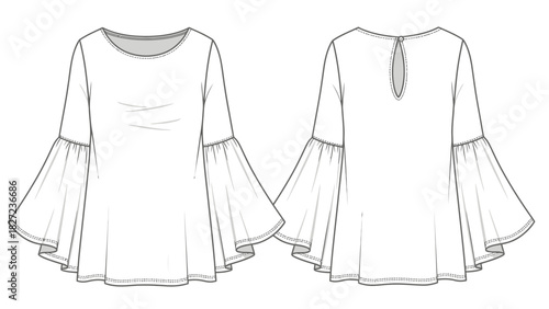 Bell Sleeve Blouse Flat Sketch Front and Back View Fashion Design Illustration