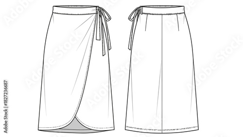 Fashion illustration of a wrap skirt with tie closure, front and back views