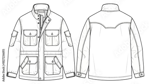 Fashion sketch of a men's utility jacket with multiple pockets, front and back view