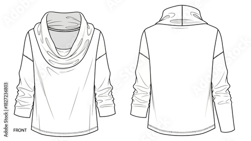 Fashion flat sketch of a women's long-sleeved cowl neck sweatshirt with front and back views