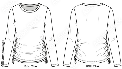 Fashion flat sketch of a long sleeve ruched t-shirt with a crew neck, front and back view