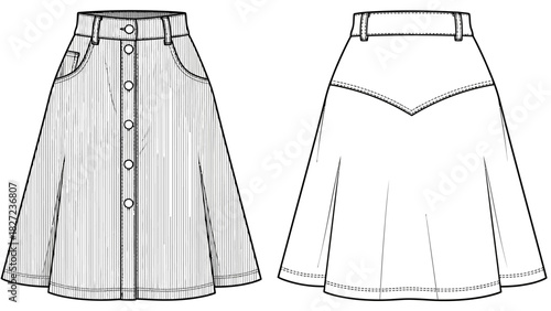 Flat fashion sketch of a denim A-line skirt with button front and V-yoke back