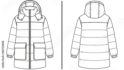Puffer Coat Fashion Design Sketch - Front and Back Views