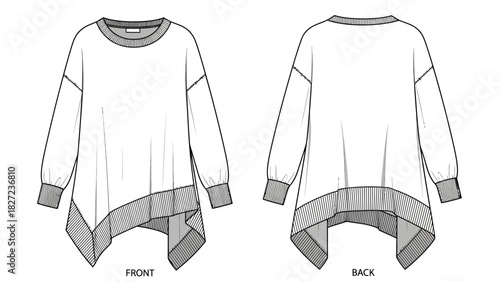 Fashion flat sketch of a women's long-sleeved tunic top with asymmetric hem
