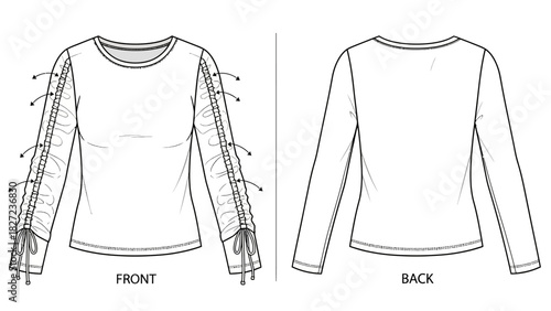 Fashion illustration of long sleeve top with decorative lace-up detail on sleeves front and back views
