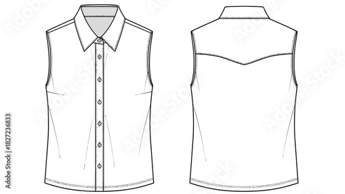 Front and back view of a sleeveless collared shirt with button detailing and western yoke
