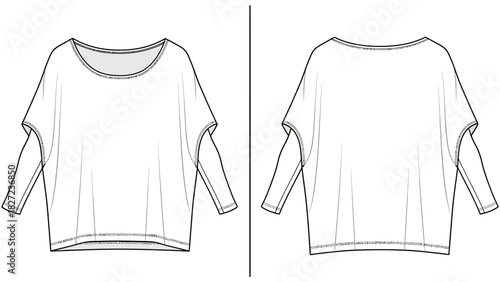 Fashion flat sketch of a loose fit dolman sleeve top, front and back view