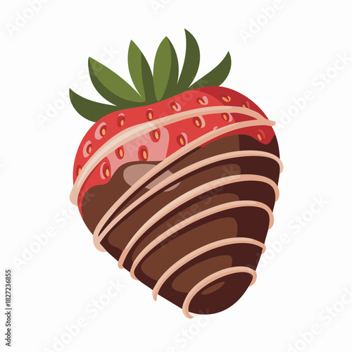 A single ripe red strawberry partially dipped in rich dark chocolate with delicate white chocolate drizzle, presented on a clean white background.