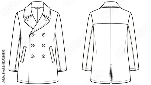 Double-breasted coat illustration, front and back view of a classic garment design for apparel manufacturing