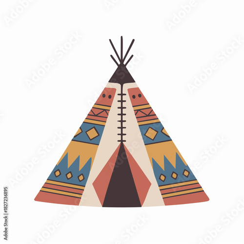 Colorful teepee with traditional geometric patterns, a Native American dwelling illustration.