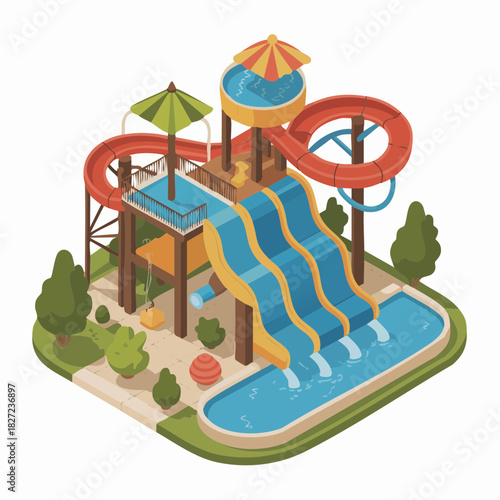 Isometric illustration of a vibrant water park with various slides, pools, and recreational structures, surrounded by green trees.