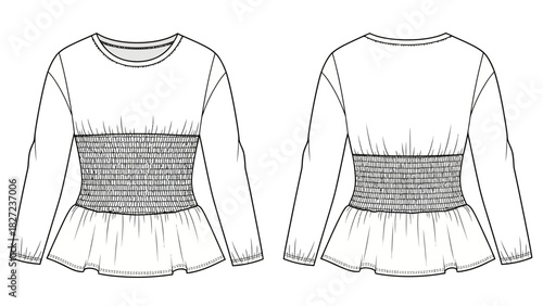 Fashion illustration of a long sleeve peplum top with smocked waist detail front and back view