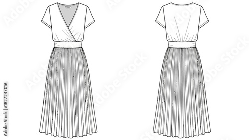 Fashion illustration of a sophisticated V-neck wrap dress with a flowing pleated skirt, shown from front and back views