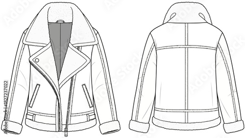 Front and back view illustration of a classic moto jacket design with a wide collar