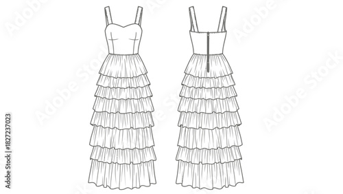 Fashion illustration of a layered ruffle tiered sleeveless dress with zipper detail