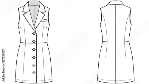 Sleeveless Button-Up Blazer Dress Fashion Illustration with Front and Back Views