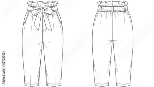 Fashionable paper bag waist trousers, front and back views, for design and illustration purposes