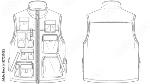 Front and back view illustration of a practical utility vest with multiple pockets