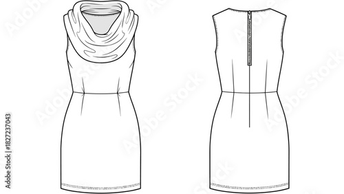 Sleeveless dress with cowl neck and zipper back fashion illustration
