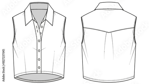 Sleeveless Collared Crop Top Fashion Flat Sketch with Front and Back View
