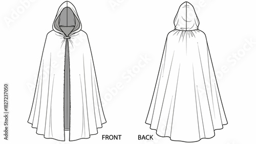 Front and back view of a simple hooded cape or cloak, a piece of apparel with a cape and hood