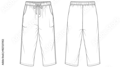 Front and back view of casual drawstring cropped pants illustration
