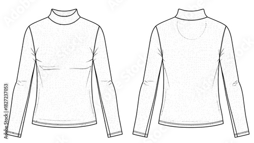 Fashion design flat sketch of a women's long-sleeved mock neck top with a flared sleeve detail