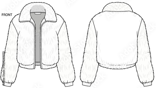 Fashion illustration of a fluffy cropped jacket with a zipper, front and back view