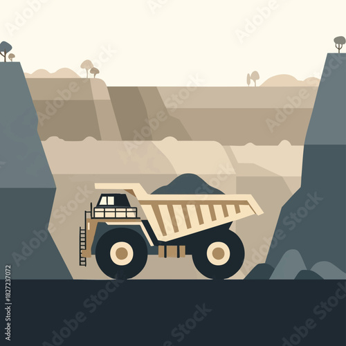 An illustration of a large dump truck loaded with material operating in a quarry, showcasing the industry and its processes.